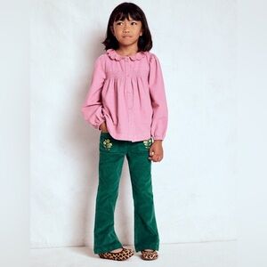 Mini Boden Green Corduroy Kick Flare Pants with Embroidered Flowers Easter